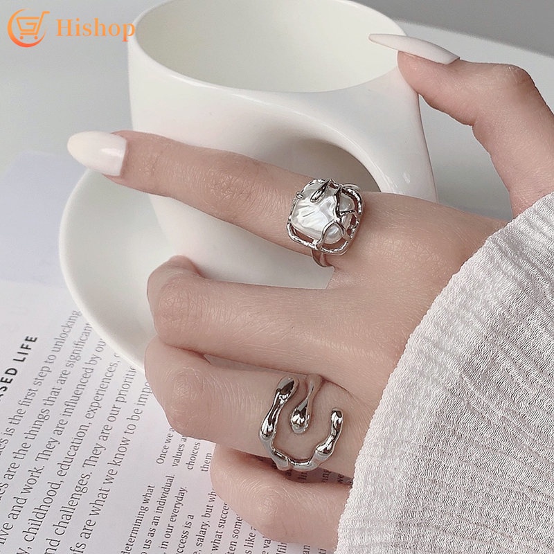 Set Cincin Model Terbuka Desain Geometris Aksen Mutiara Warna Silver Untuk Wanita