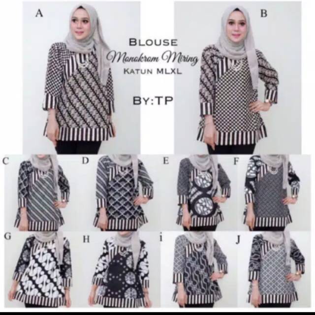 Blus Monokrom Miring Batik Modern Baju Wanita Muslimah Kantor Kasual