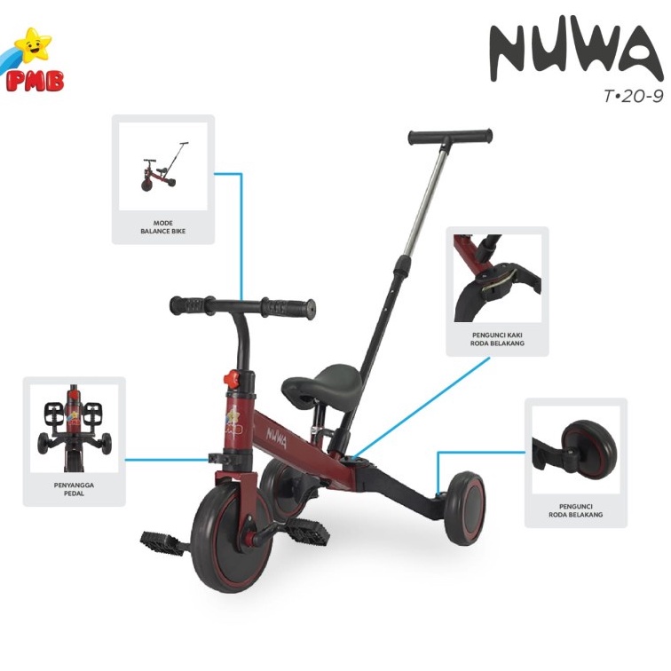 BALANCE BIKE 3 in 1 PMB NUWA 20-1 dengan tongkat pendorong