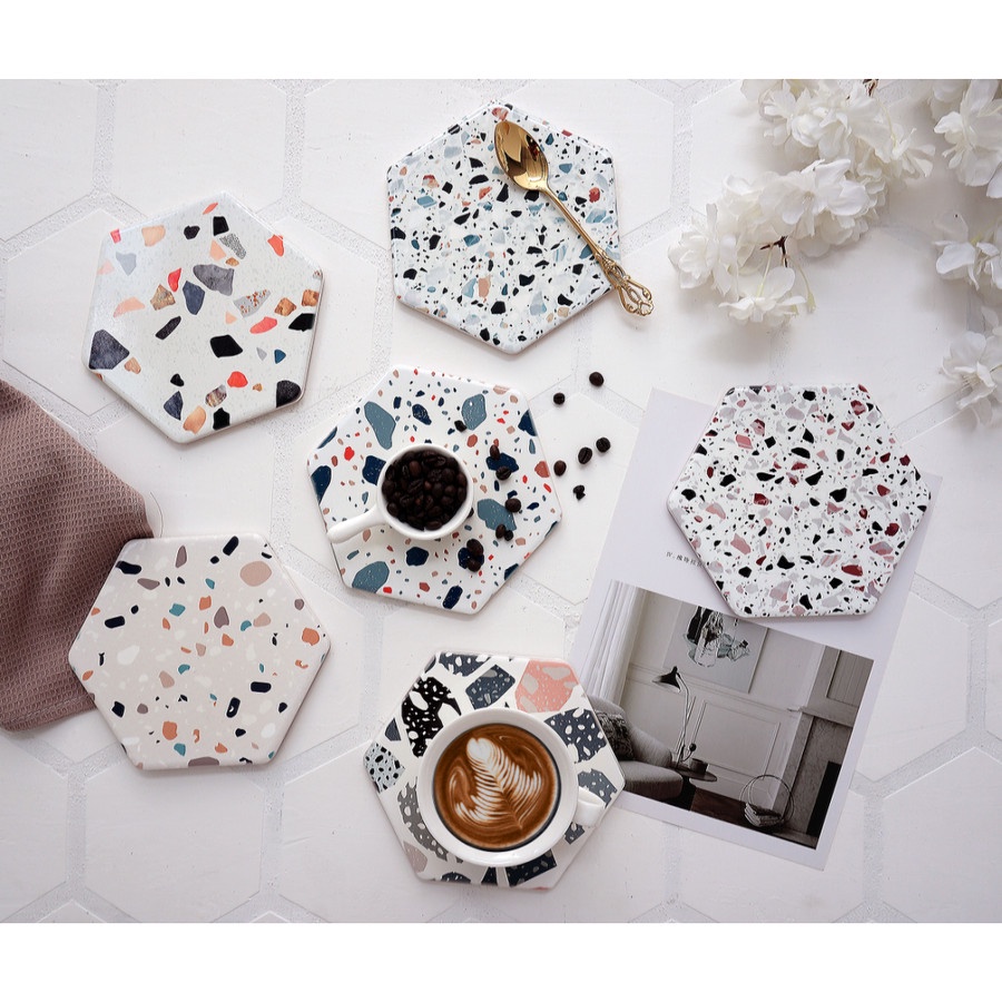 AC- Hexagonal Terrazzo Ceramic Coaster / tatakan cangkir terazo