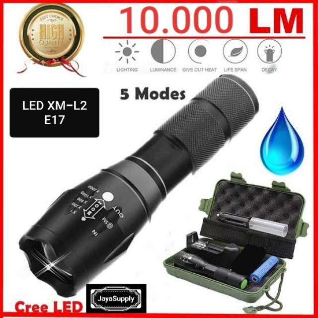 Senter LED E17 Cree XM-L2 Camping Gunung XML2 Super Terang 10.000 Lumens Paket Lengkap Anti Air