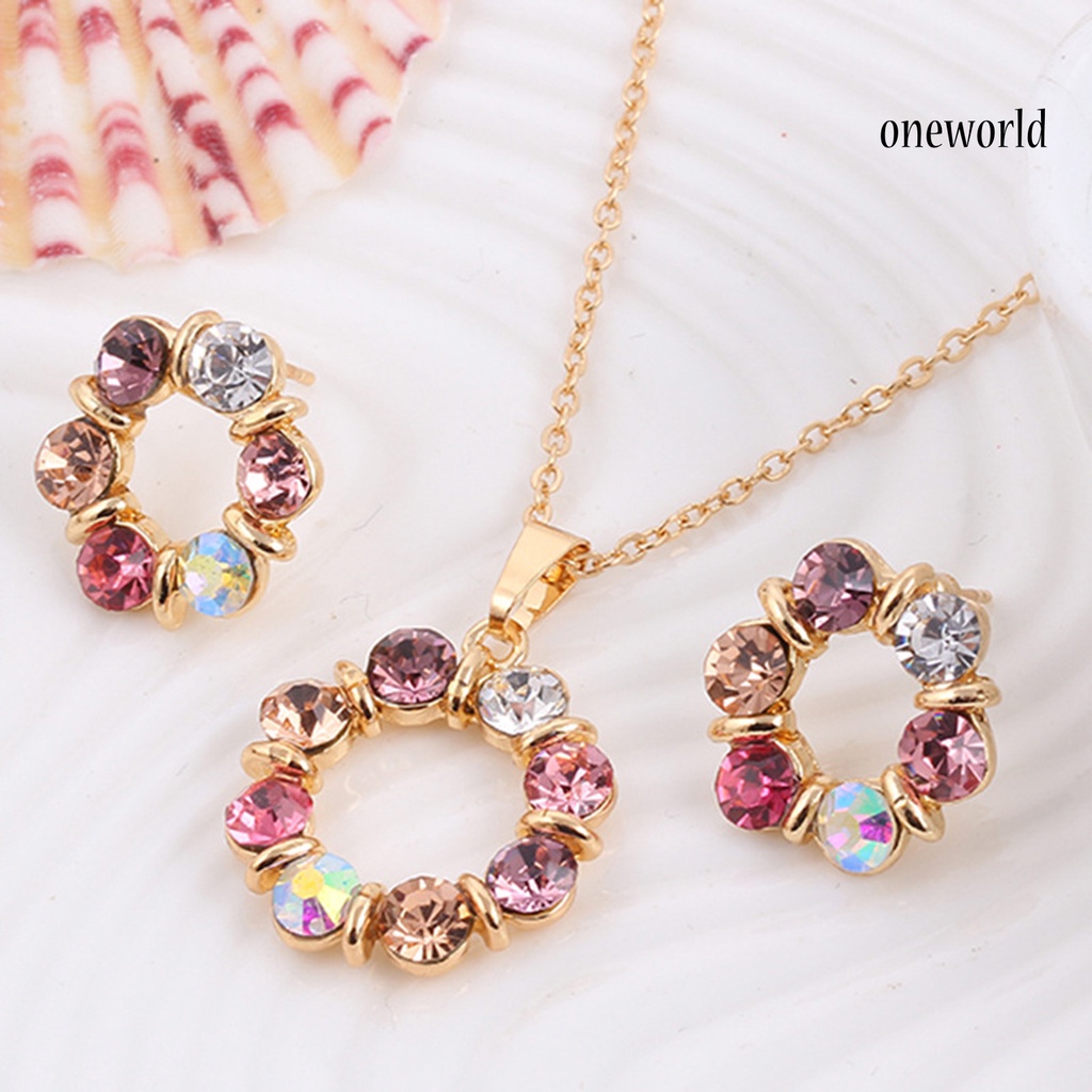 OW@ Necklace Colorful Rhinestone Round Women Pendant Necklace Earrings Set for Party