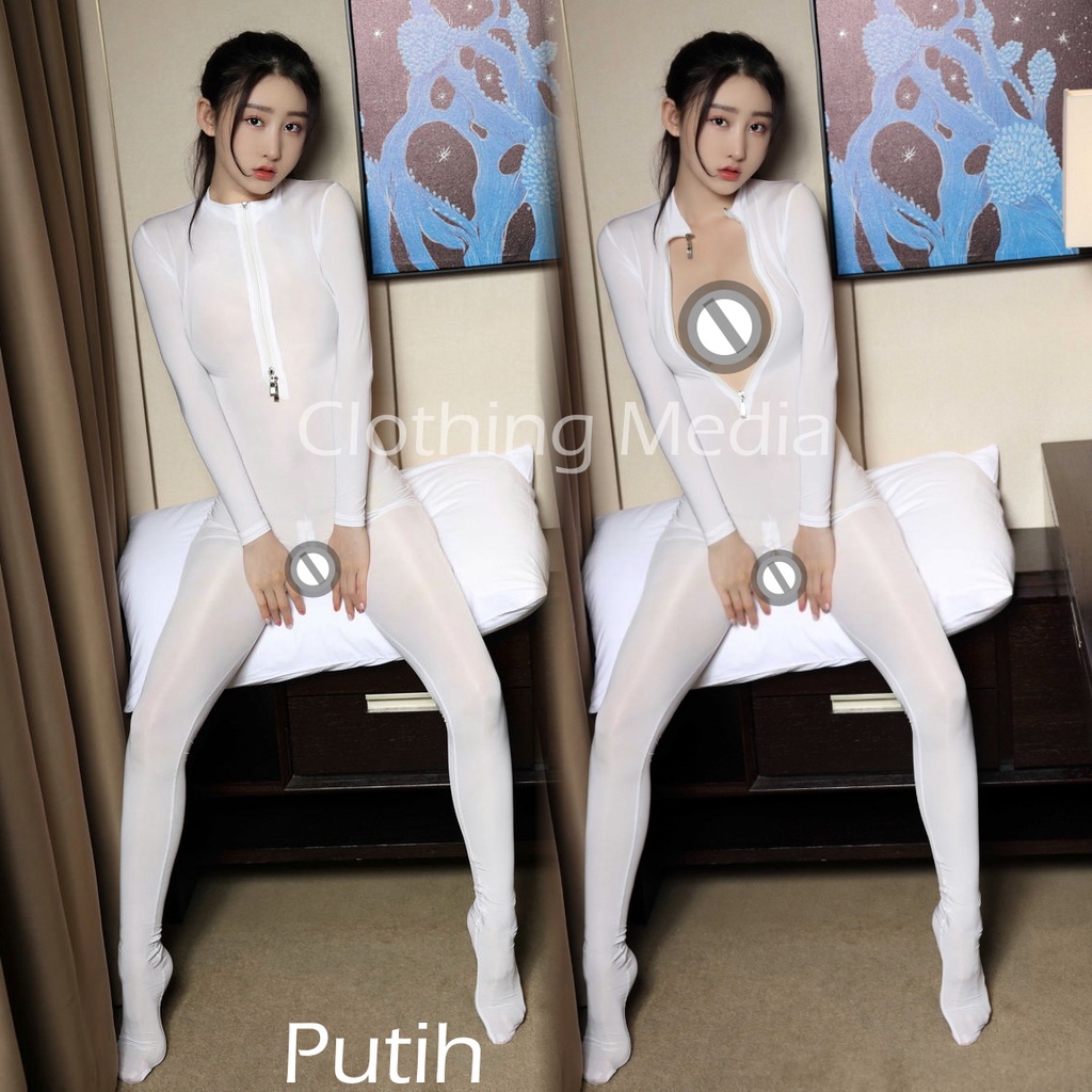Full Bodysuit Menutup Kaki Resleting Selangkangan Silky Halus Dua Zipper Crotch