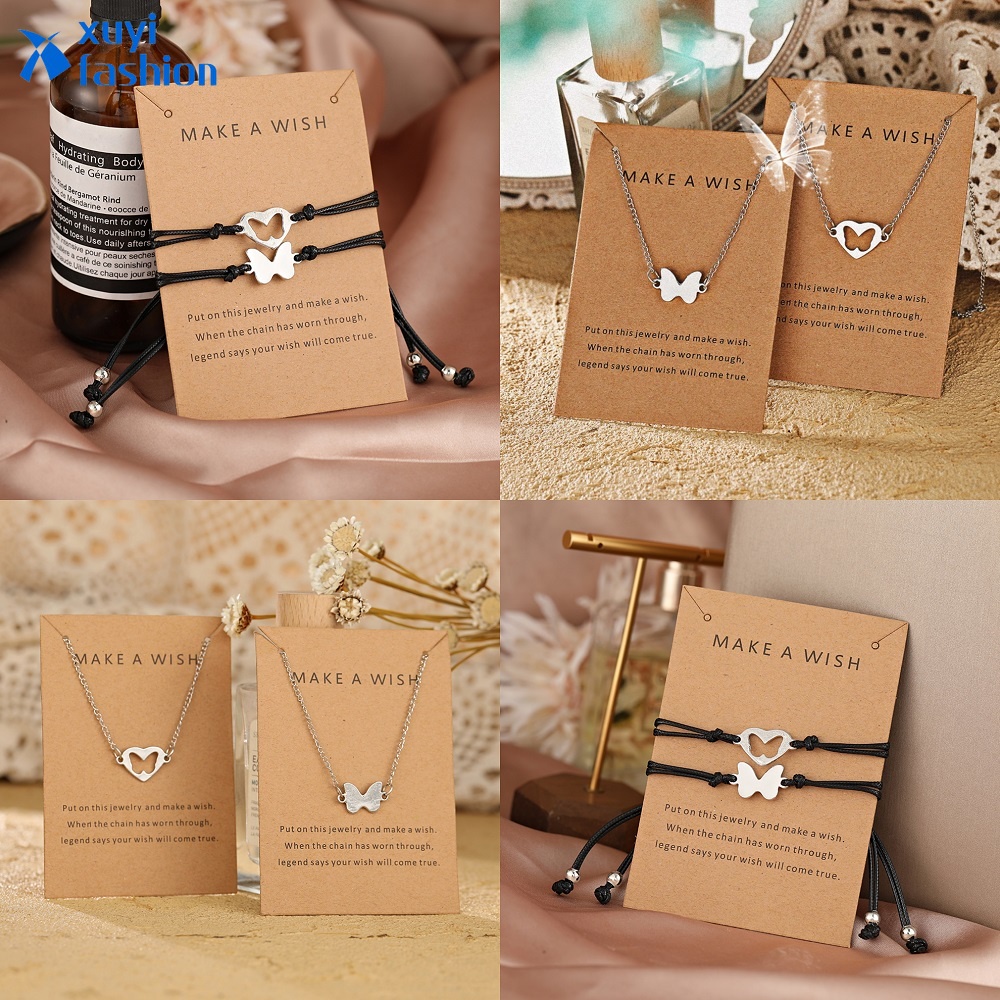 2Pcs/set Fashion Couple Butterfly Necklace Bracelet Heart-shaped Stainless Steel Necklaces Jewelry Accessories Gift