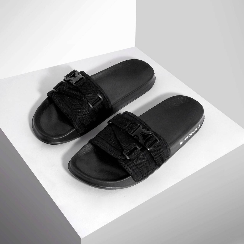 CAPSULE 0.1 ORIGINAL x FOOTSTEP Sandal Casual Full Hitam Pria Sendal Slide Jalan Santai Harian Slippers Hangout Main Kondangan Lebaran Slop Karet Premium Slip On Remaja Dewasa Flip Flop Kerja Formal Sport Fashion Footwear Keren Terbaru Kekinian Branded