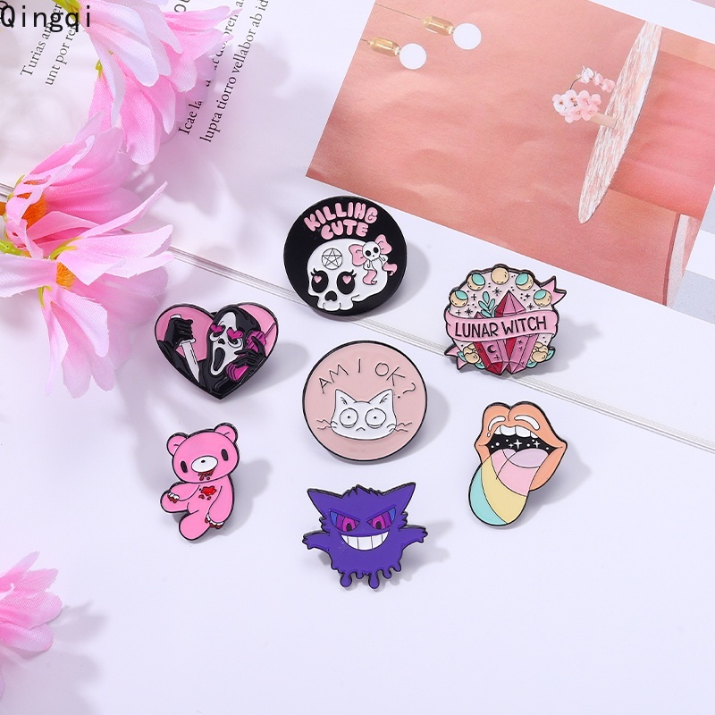 Bros Pin Enamel Desain Kartun Beruang Pink Tengkorak Bibir Warna-Warni Gaya Punk Untuk Pakaian