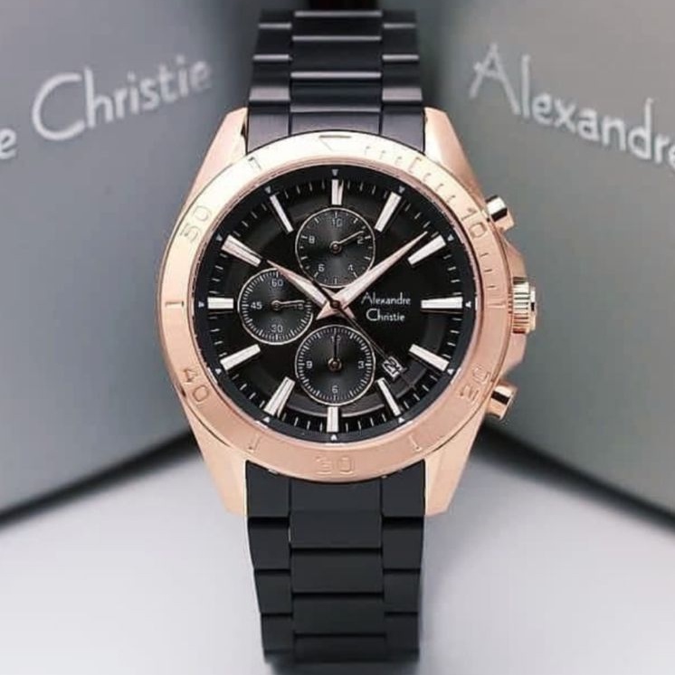 Jam Tangan Pria Alexandre Christie Ac 6525 MC Black Rosegold Original