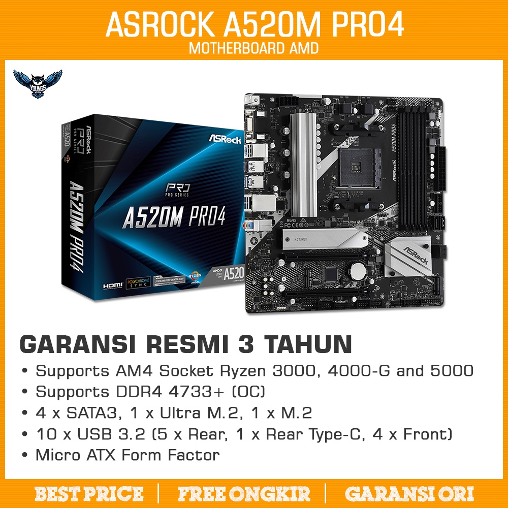 ASRock A520M Pro4 (AM4, A520, M.2, DDR4, USB 3.2) Motherboard AMD