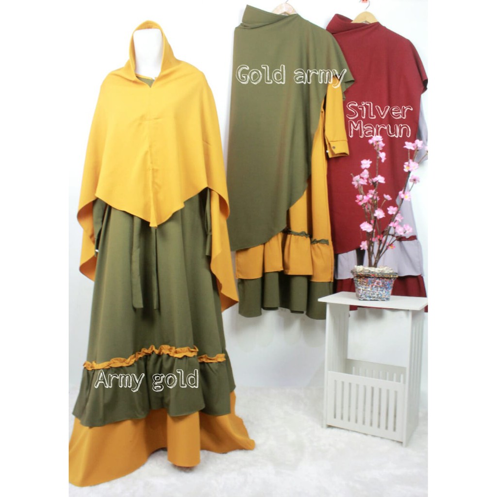 Gamis set khimar sherina model serut wollycrepe caltri syari style muslim fashion