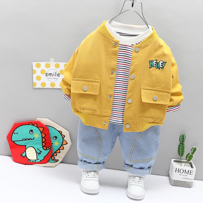 LittleAaron SET HEY YOU DINO EBV Setelan 3in1 Kemeja Bayi anak Laki-laki import Lengan panjang Berkualitas