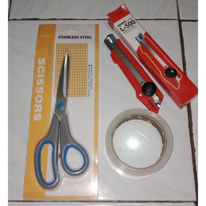 

Paket Gunting + Cutter + Lakban Bening 2 inch
