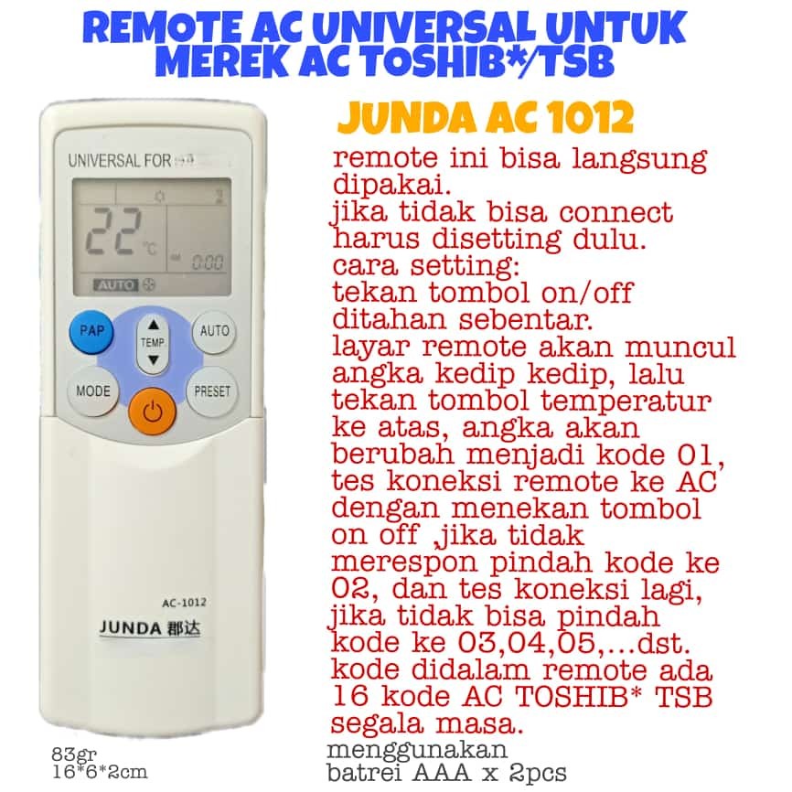 REMOT/REMOTE AC UNIVERSAL JUNDA AC-1012 BISA UNTUK MERK TOSHIB*