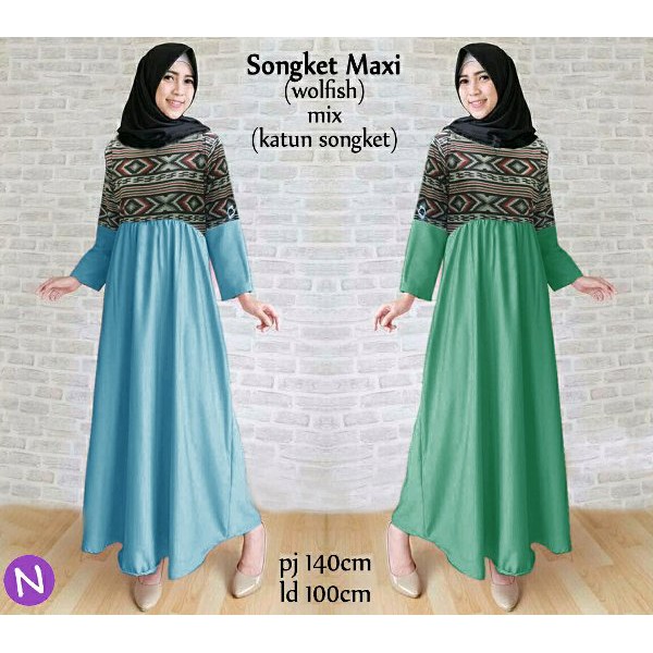 cn 7232 songket maxi dress terusan gamis syari wanita murah batik songket etnik busana muslim trendy