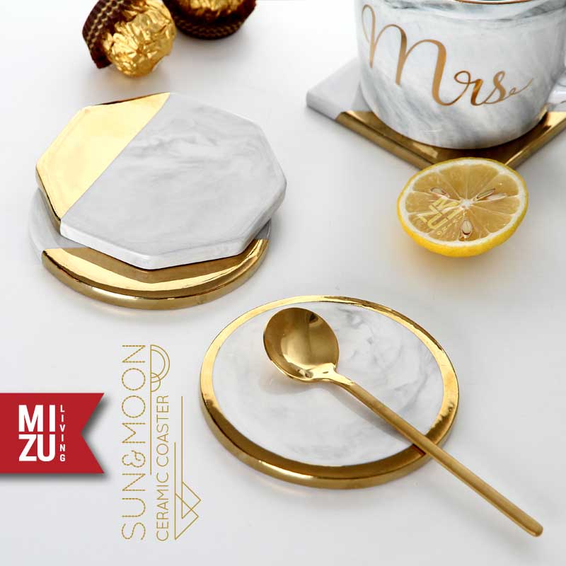 SUN &amp; MOON Ceramic Coaster Marble Motif Gold-Plated Rim Tatakan Gelas Keramik Marmer Sepuh Emas