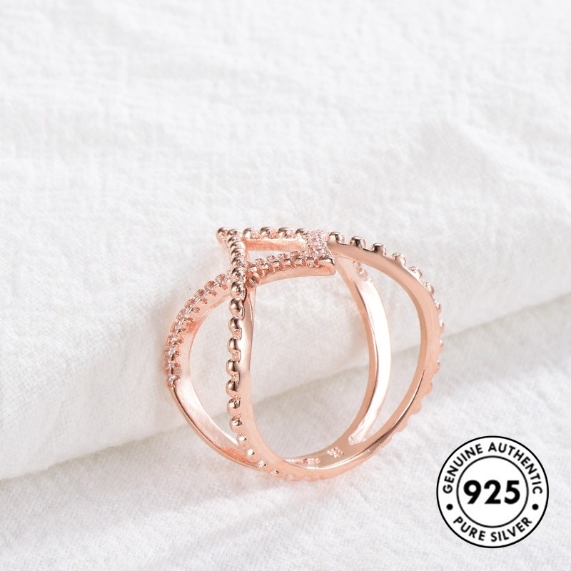 Cincin Berlian Bentuk V Bahan S925 Silver Warna Rose Gold