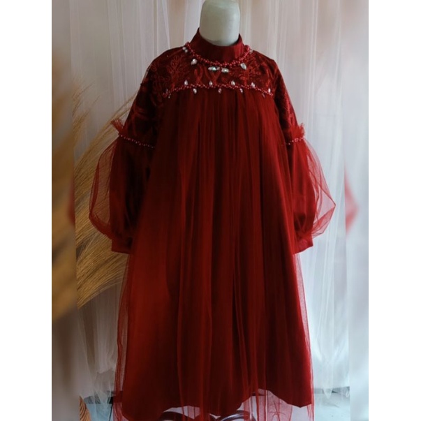 gamis tutu brukat abu