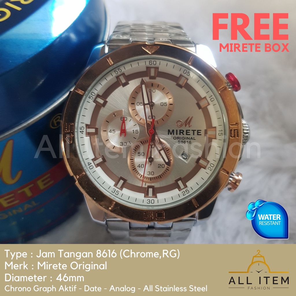 Jam Tangan Chrono Rantai MIRETE 8616 / Jam Tangan Pria Anti Air ORI / Arloji / Watches (FREE BOX)