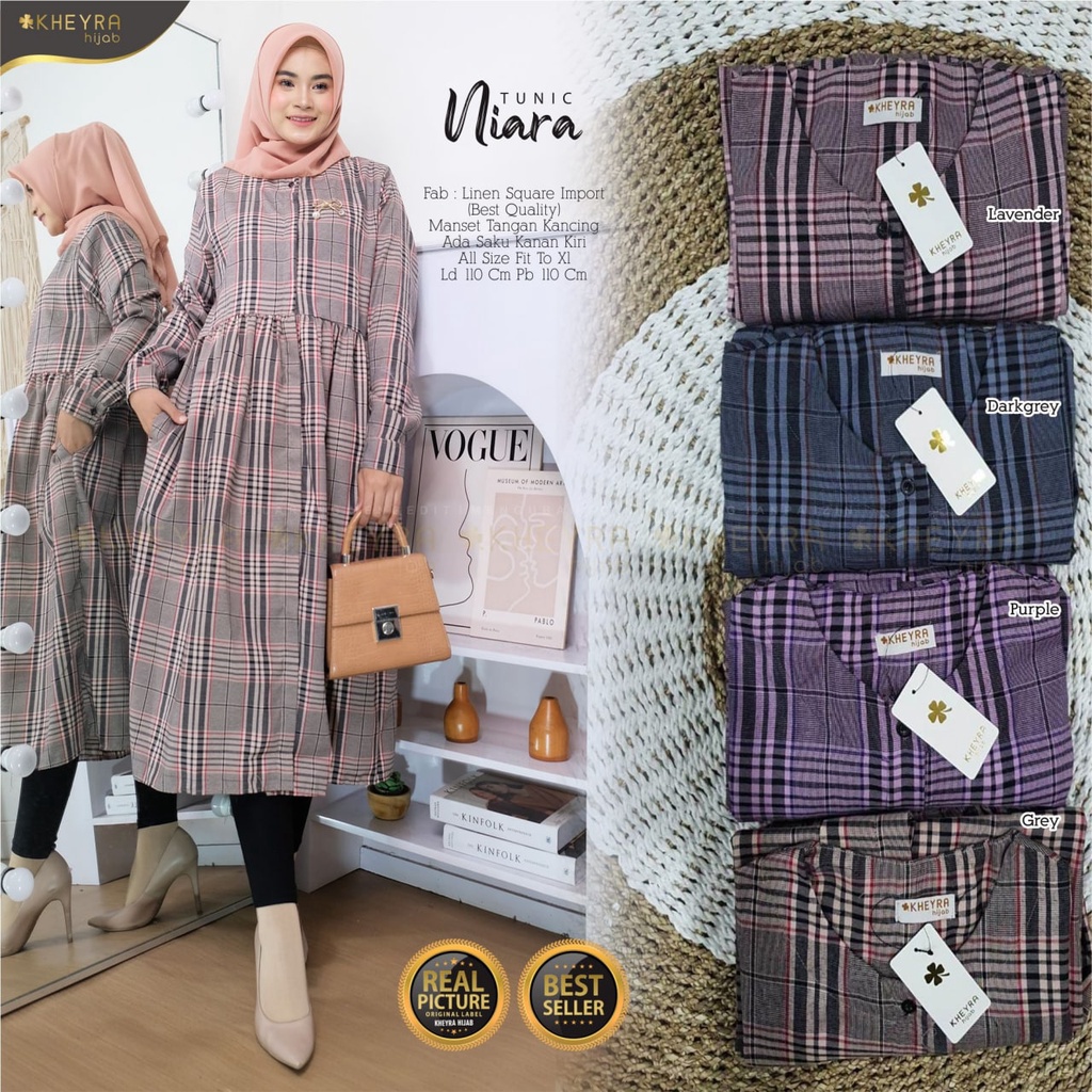 NIARA TUNIC BY KHEIRA TOP ATASAN BAJU TUNIK WANITA CASUAL POLA KOTAK BAHAN LINEN SQUARE IMPORT LD 11