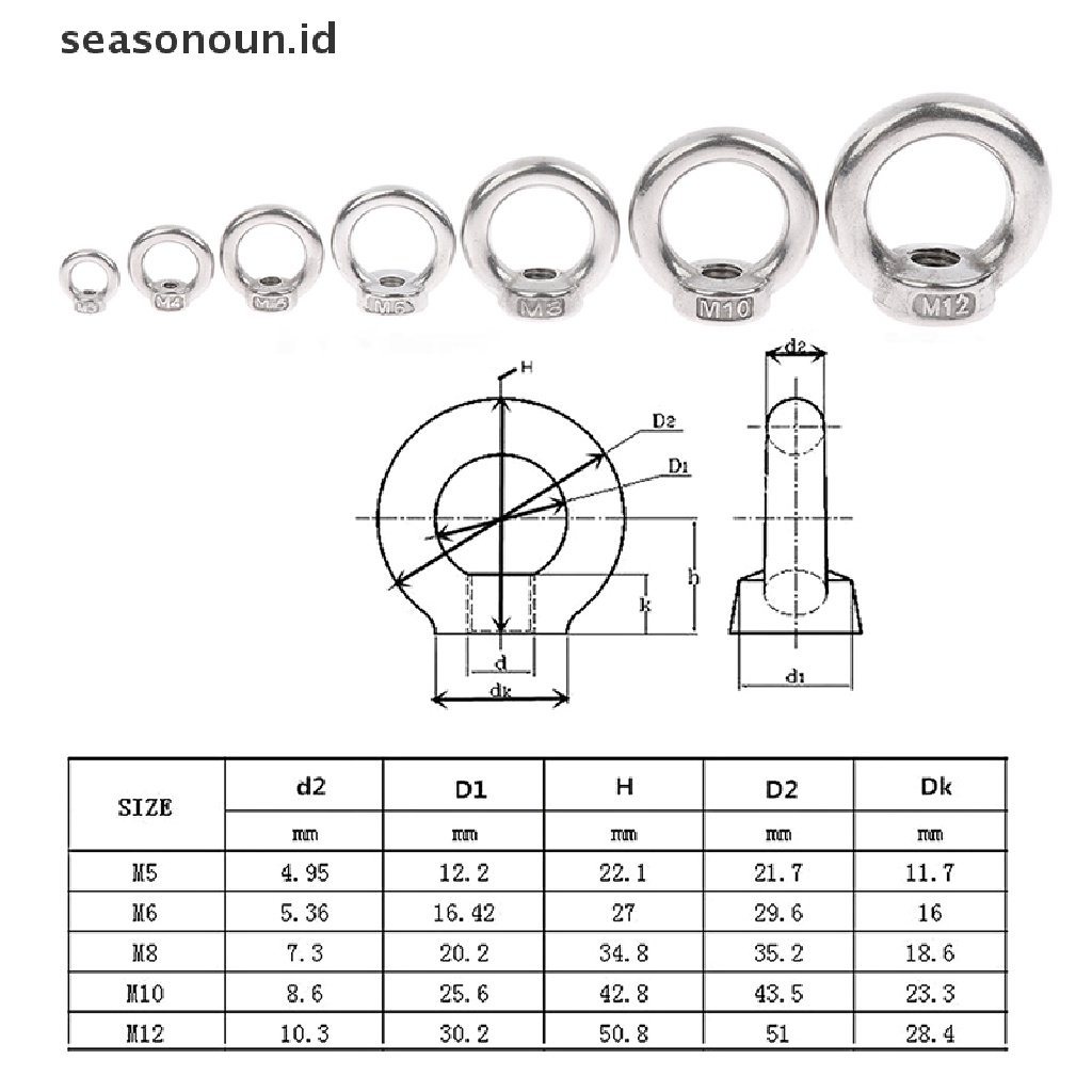 【seasonoun】 2Pcs Lifting Eye Nuts/Screw Ring Eyebolt Ring Hooking Nut Screws M3 -M12 ID