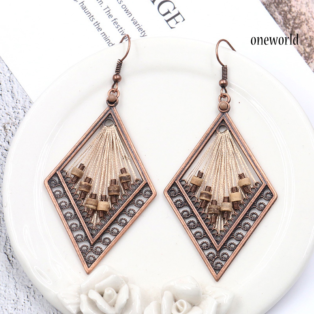 OW@ Bohemian Women Hollow Rhombus Pendant Thread Dangle Drop Hook Earrings Jewelry