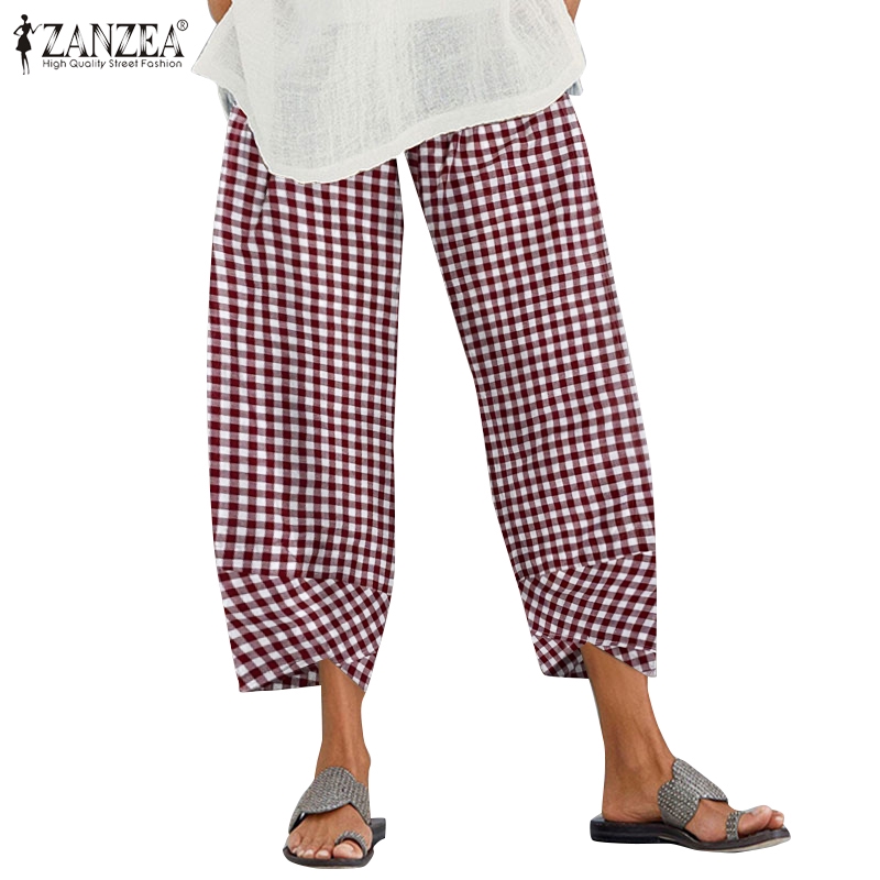 Zanzea Celana  Panjang Longgar Casual Motif Kotak  Kotak  