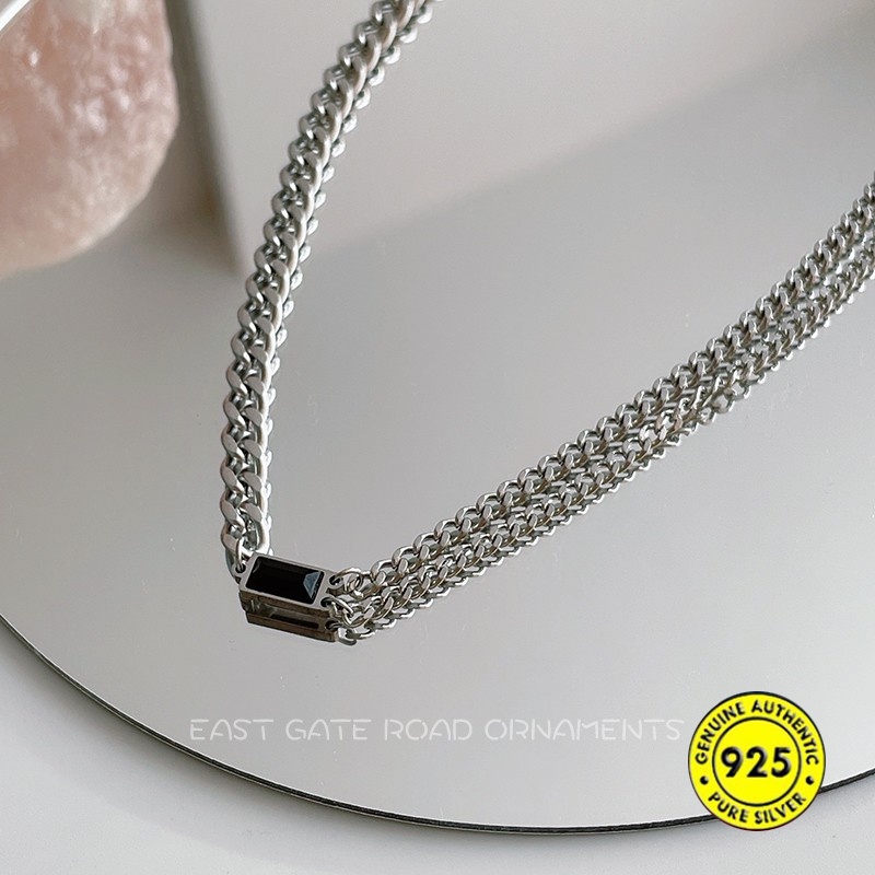 Kalung Rantai Sterling Silver 925 Dengan Liontin Batu Onyx Hitam Bentuk Kotak Untuk Wanita