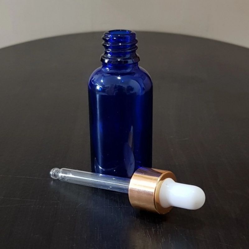 botol kaca pipet 30ml biru - ring almunium gold