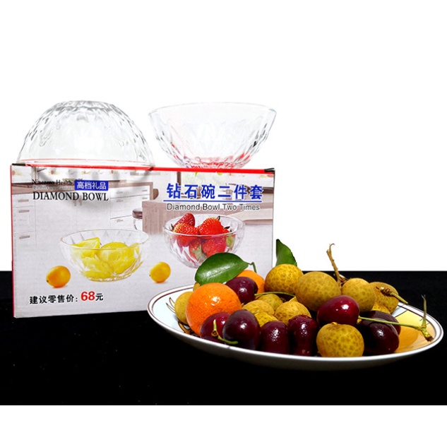 Set Mangkuk 2 in 1 Mangkuk Kaca 2pis Diamond Bowl Two Times Mangkok Mangkuk Glass Ware Sop Buah Salad Mie