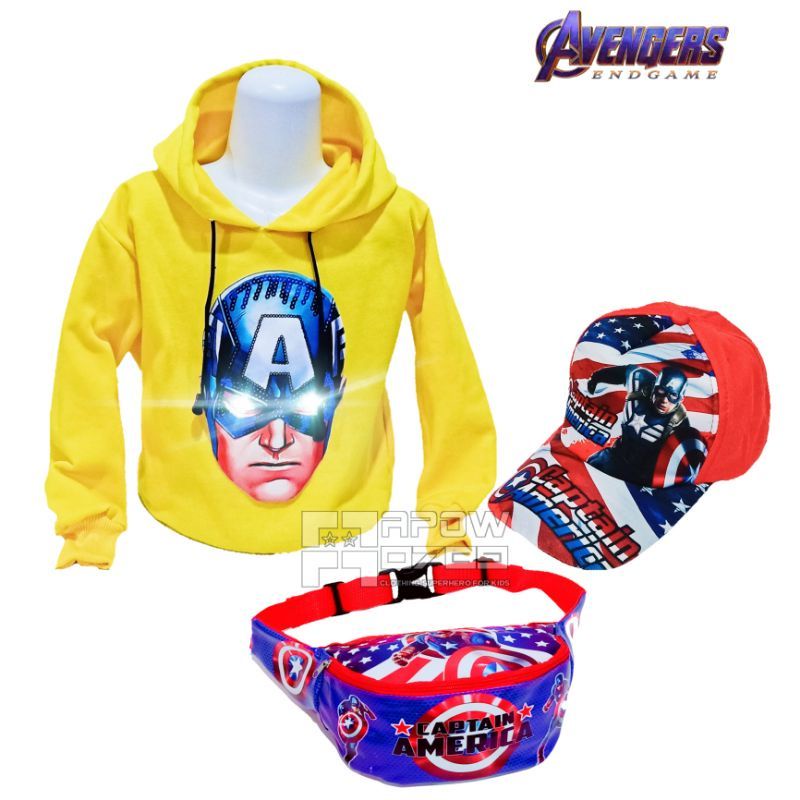 3IN1 Paket sweater Hoodie anak laki-laki LED Superhero | free waistbag dan topi