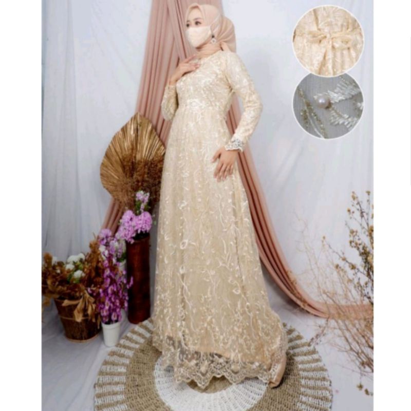 GAMIS MODERN BROKAT TULLE AJC 1/GAMIS TERBARU/GAMIS MUSLIM-Cream
