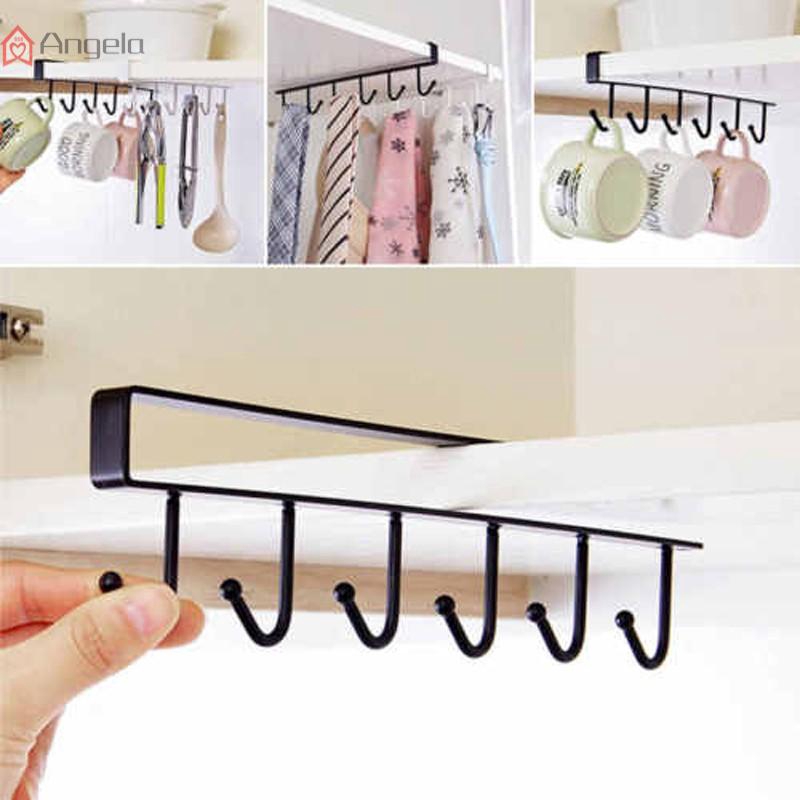 Kitchen Home Cup Holder Hang Cabinet Under Shelf Storage Rack Organiser 6 Hooks Shopee Indonesia