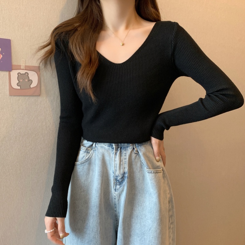 Sweater V-neck rajut lengan panjang kasual Wanita Korea