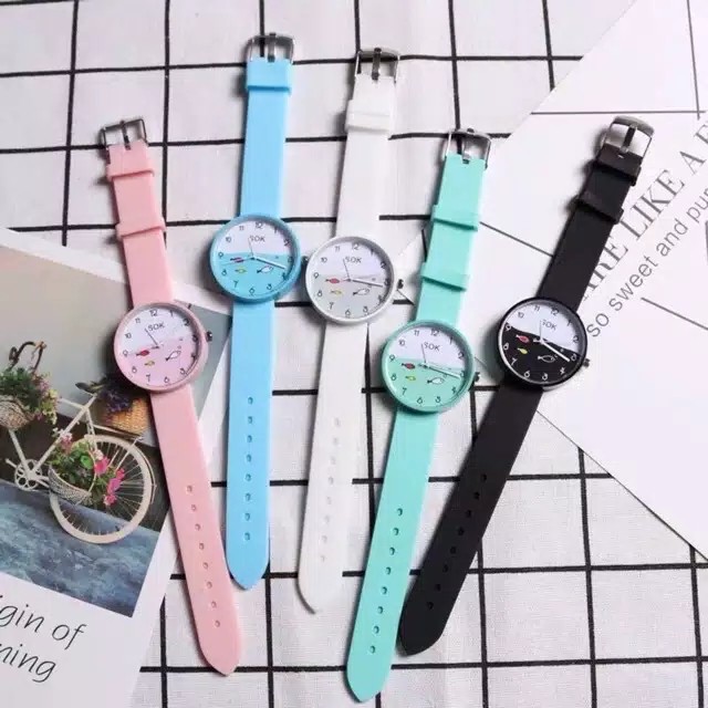 Jam Tangan Anak Cewe/Cowo Sekolahan Fashion Korea Smile Fish Rubber