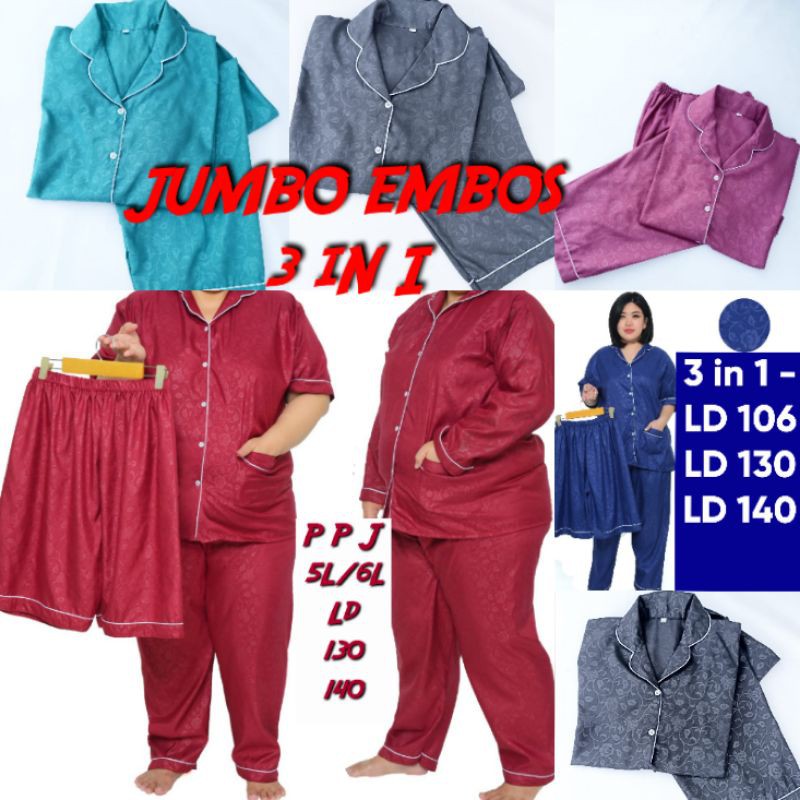 Baju Tidur Jumbo 3in1  Katun EMBOS Piyama Wanita