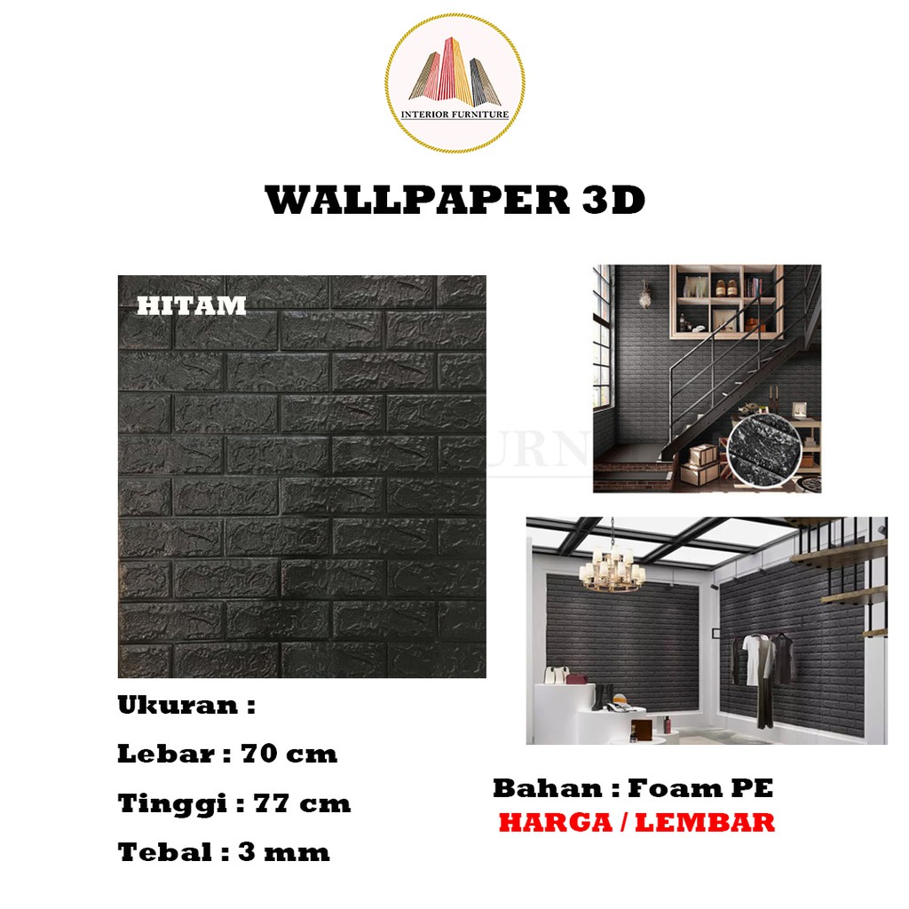 Wallpaper Dinding 3D Motif Bata Wood Foam Dekorasi Kamar Dekorasi Ruang Tamu murah 70x77cm-Hitam