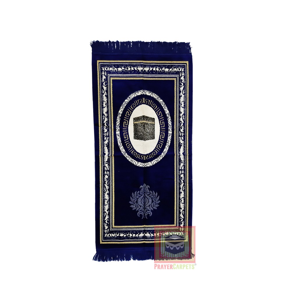 Sajadah Muslim Size 51x102cm Dark Blue Desain Kakbah Dengan Glitter Emas Motif Oval Vines