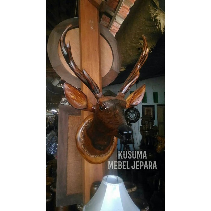 Hiasan Dinding Patung Kepala Rusa Kayu Jati (Tinggi 45cm)
