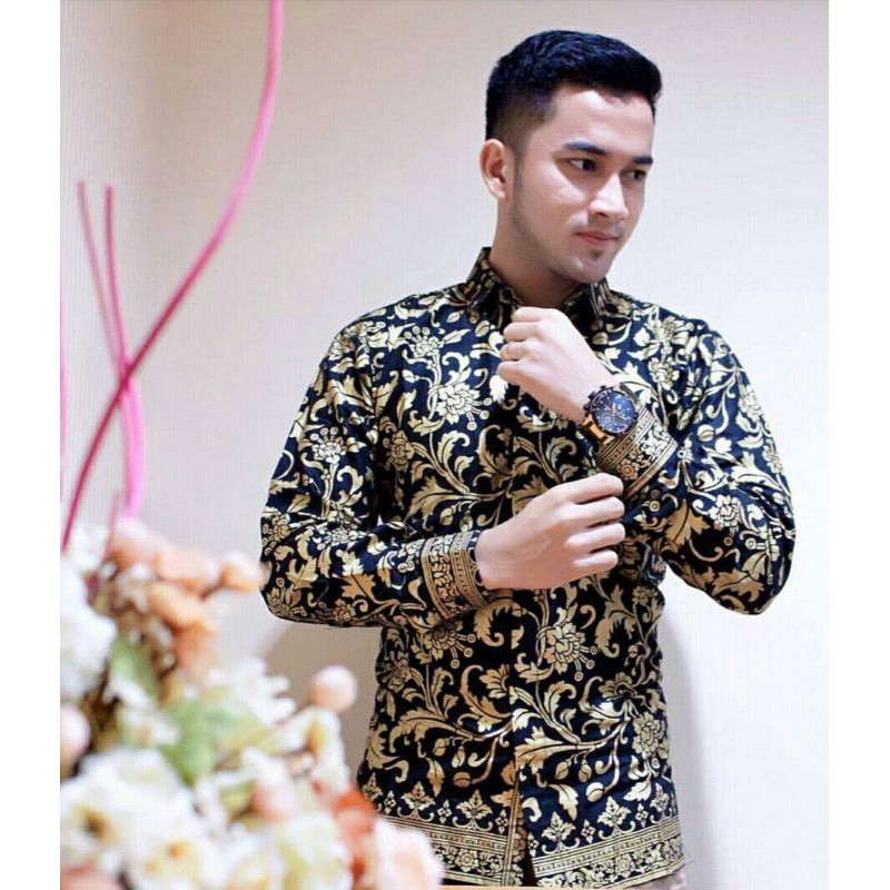 kemeja batik pria lengan panjang motif emas prada