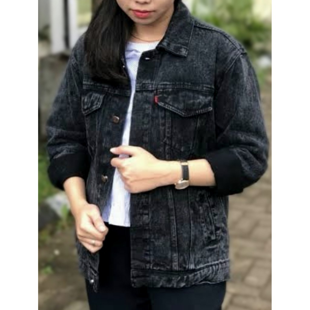 Jaket Jeans Wanita Sandwash Black Cewek Oversize Jumbo Big Jaket Jeans Wanita Sandwash Black Cewek Oversize Jumbo Big