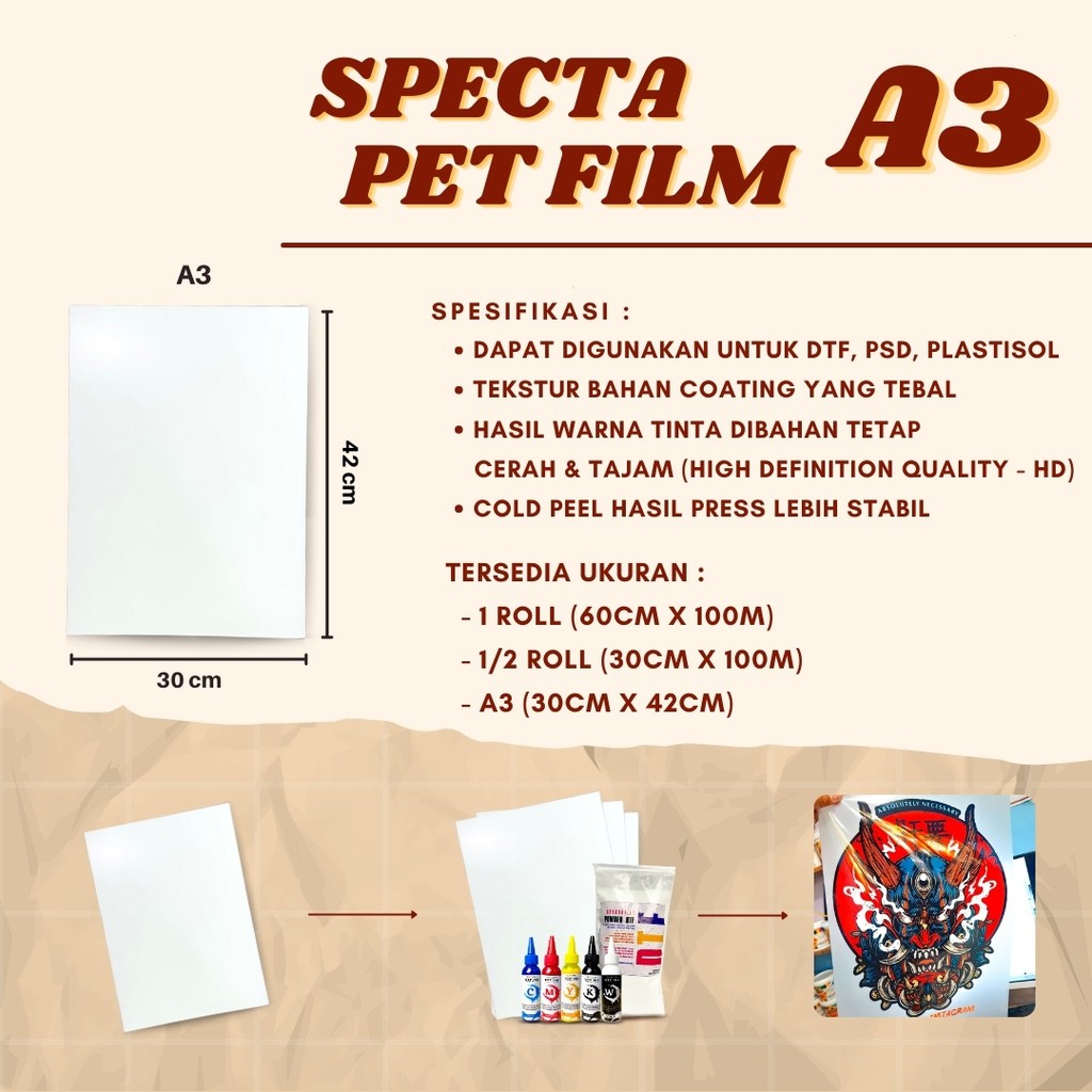 SPECTAFLEX KERTAS FILM DTF A3 PET DIGITAL TRANSFER POWDER PAPER A3 SABLON DTF