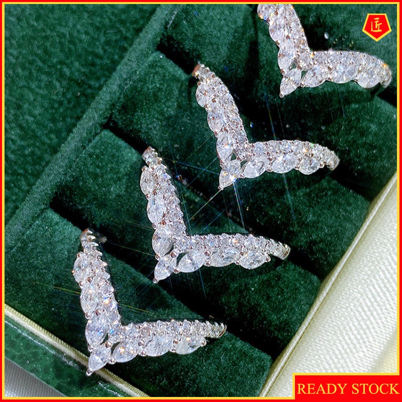 [Ready Stock]Fashionable All-Match Elegant V-Shaped Diamond Ring