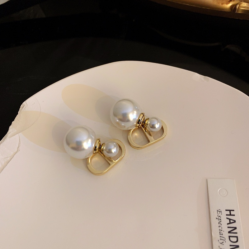 Anting Stud Mutiara Besar Double Ring Warna Emas Untuk Wanita