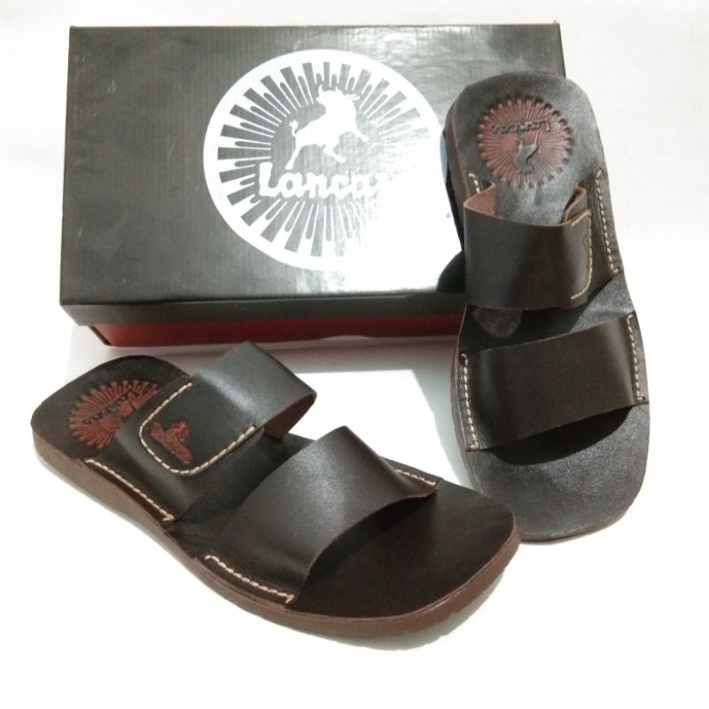 Sandal pria slop kulit lancas casual cokelat