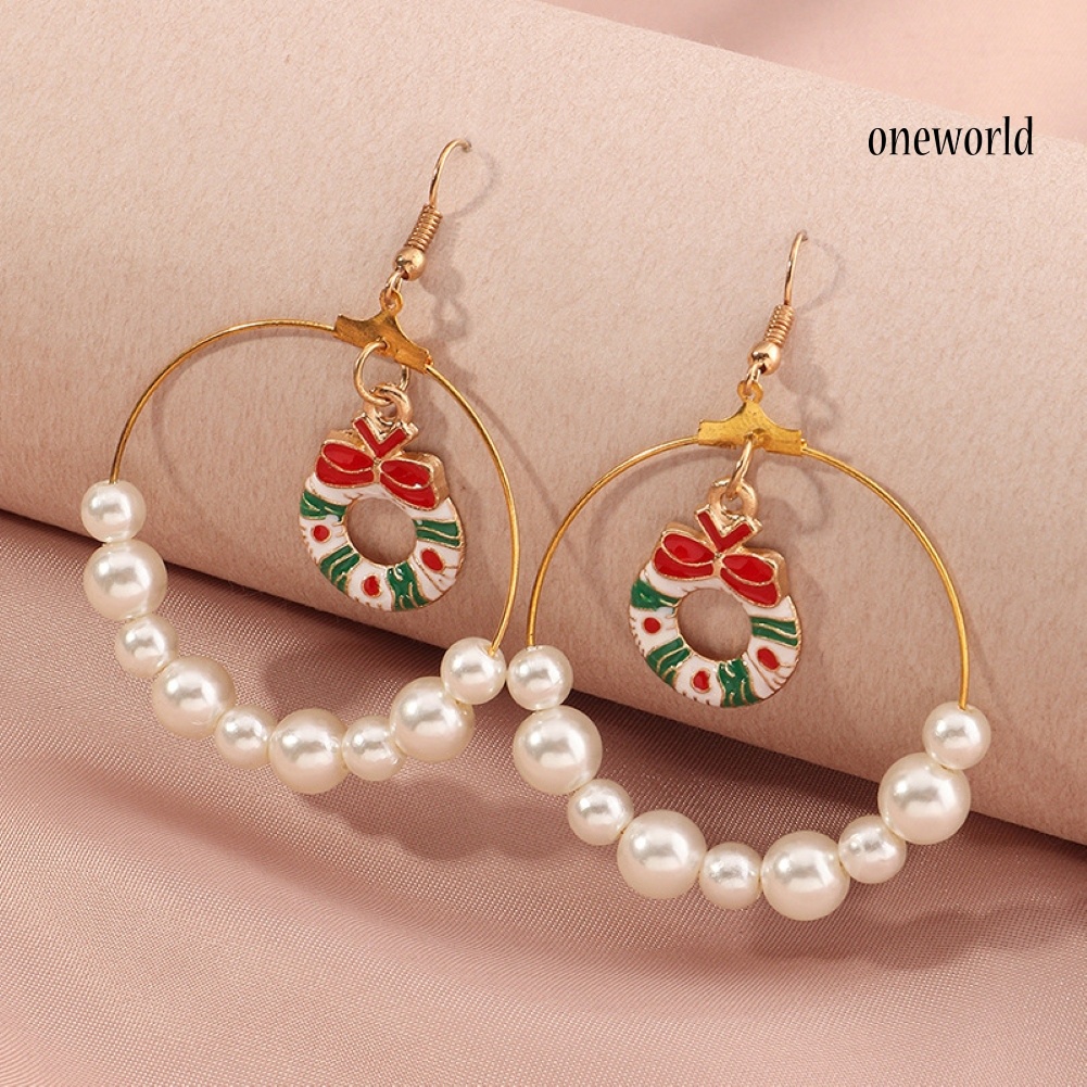 OW# Women Christmas Tree Elk Eardrop Faux Pearl Geometric Hoop Earrings Xmas Gift