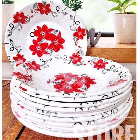 PROMO 12.PCS PIRING MAKAN ULIR MOTIF ROSE BAHAN MELAMINE WARE TEBAL ANTI PANAS