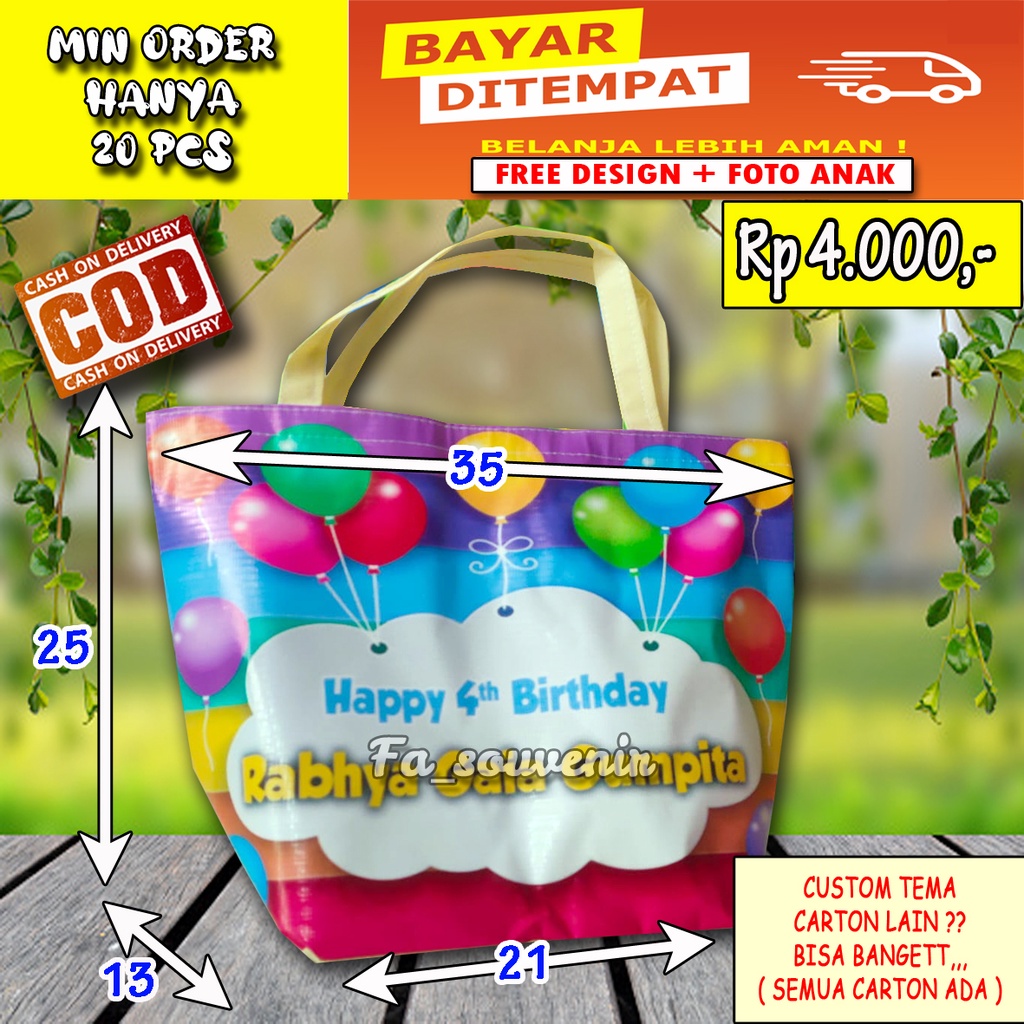 

Tas custom nama Tas Ulang Tahun Terlaris Model Trapesium Pakai Perekat Godiebag ulang tahun murah souvenir ulang tahun anak