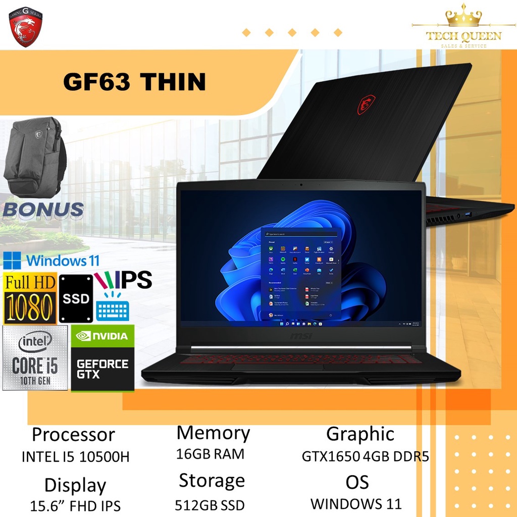 MSI THIN GF63 - Intel i5 10500H Ram 16GB 512GB SSD GTX1650 4GB Windows 11 15.6 Inchi FHD IPS