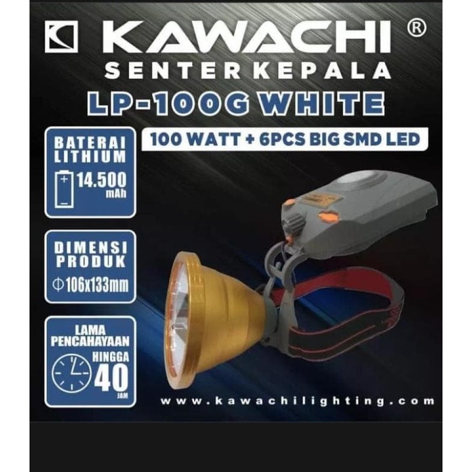 Kawachi Senter Kepala Jumbo LED Super Terang Lithium LED LP-100G 100 Watt + 6 PCS BIG SMD LED LAMPU PUTIH FREE Cable Bundle Rechargeable Tahan 40 Jam