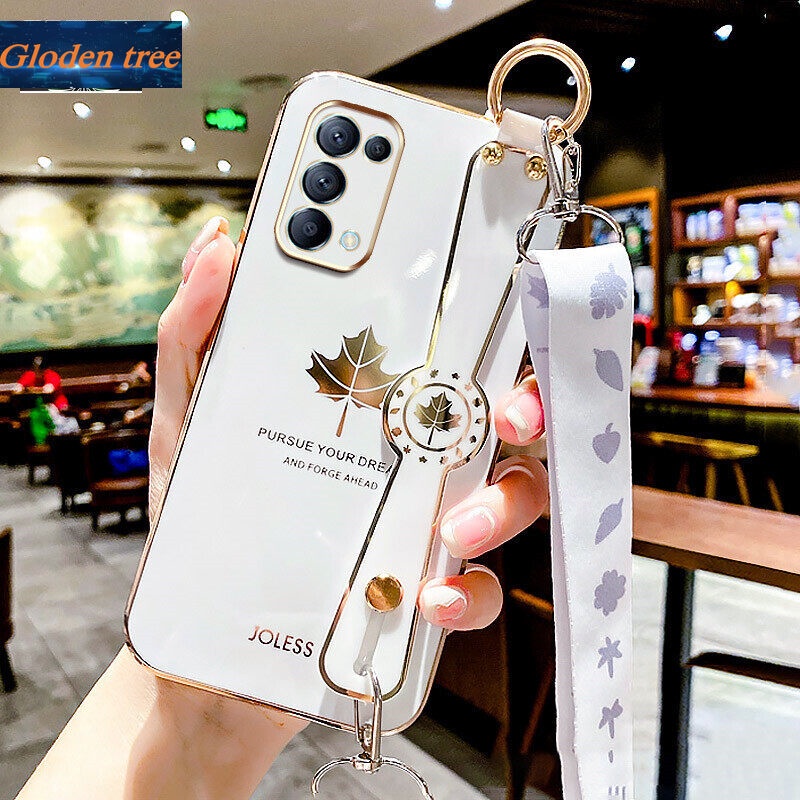 Case Motif Daun Maple Dengan lanyard Untuk OPPO Reno 5 Pro