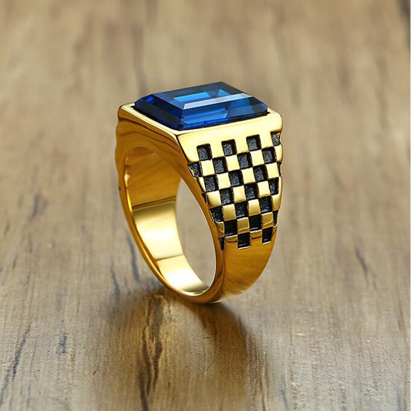 Kotak-kotak Dua Warna Cincin Baja Titanium Laki-laki Kaca Batu Pasang